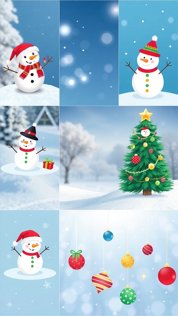 Cute Christmas wallpapers with snowmen, Christmas trees, and ornaments for a festive lock screen.